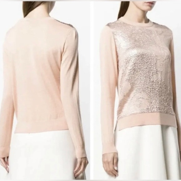 Tory Burch Peach Floral Cloque Front Crew neck Silk Wool Sweater sz Small - Picture 2 of 10